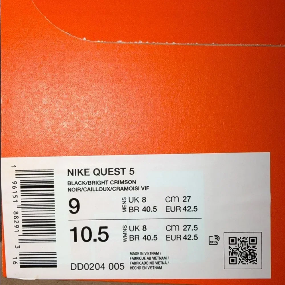 Nike Quest 5 Black Crimson Red DD0204-005 Men’s Size 9